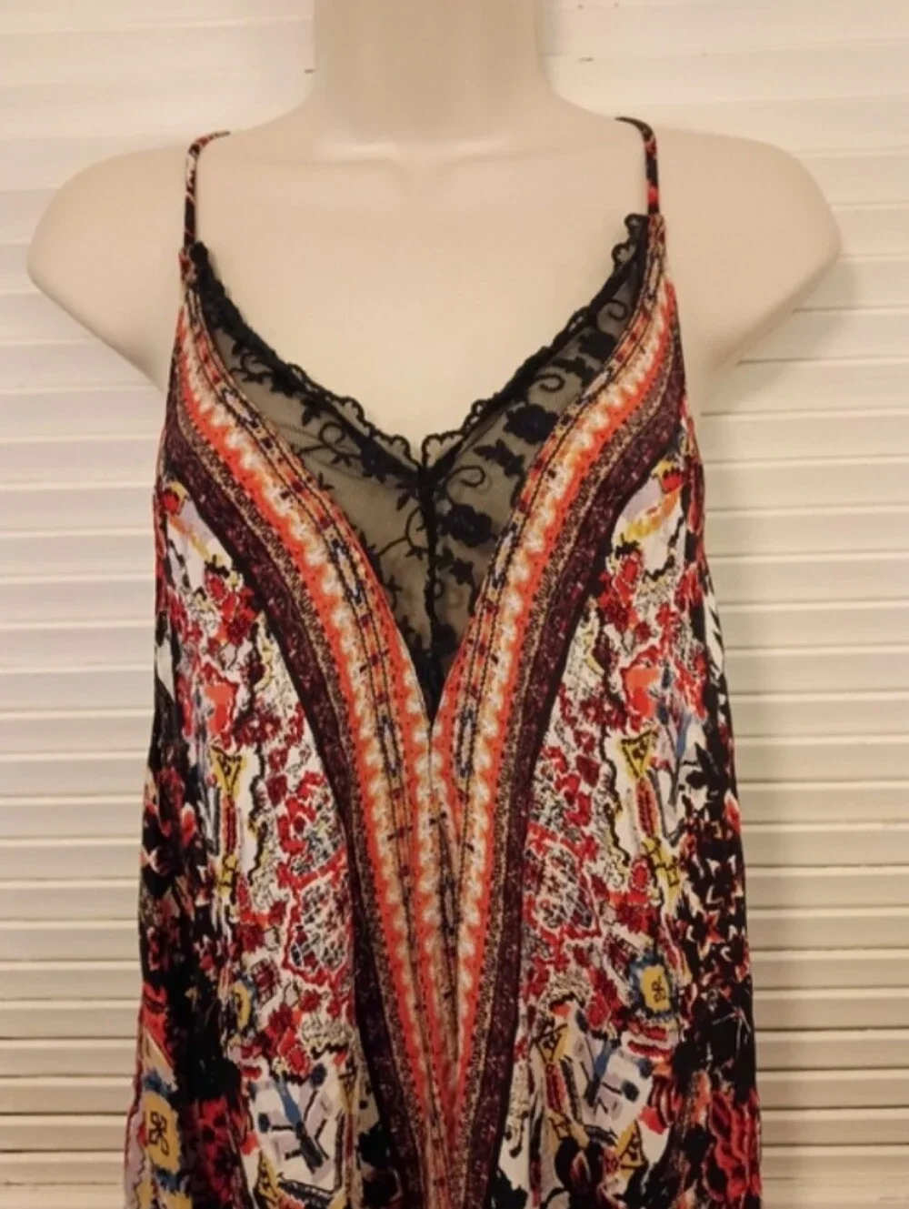 Free People Red Multi Floral Paisley Slip Dress with Black Lace Song Bird